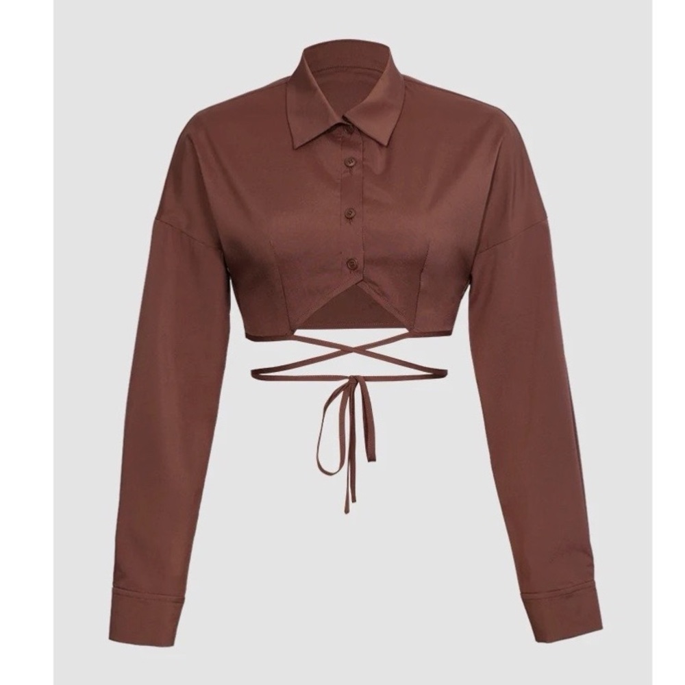 “NEW” TIE FRONT DOWN BUTTONS CROPPED SHIRT